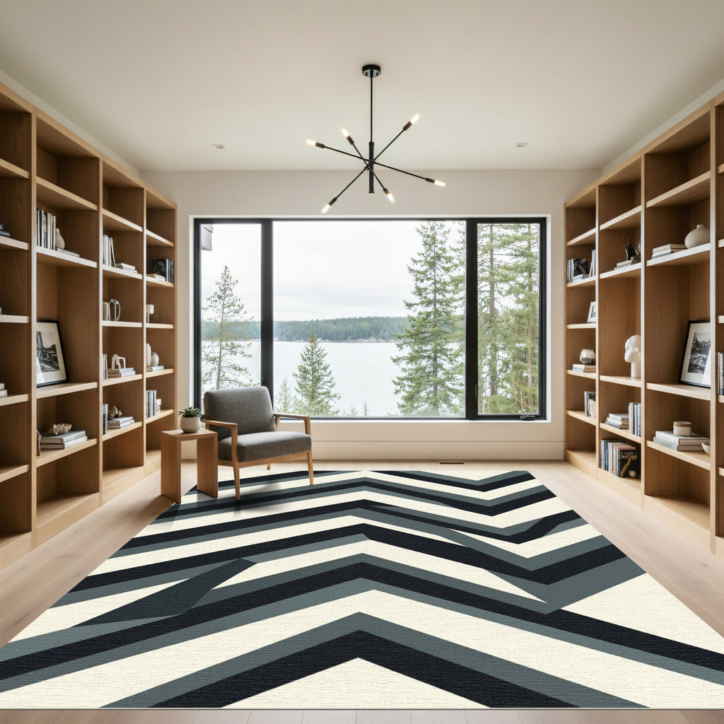 Modern Black Gray Chevron Composition Rug