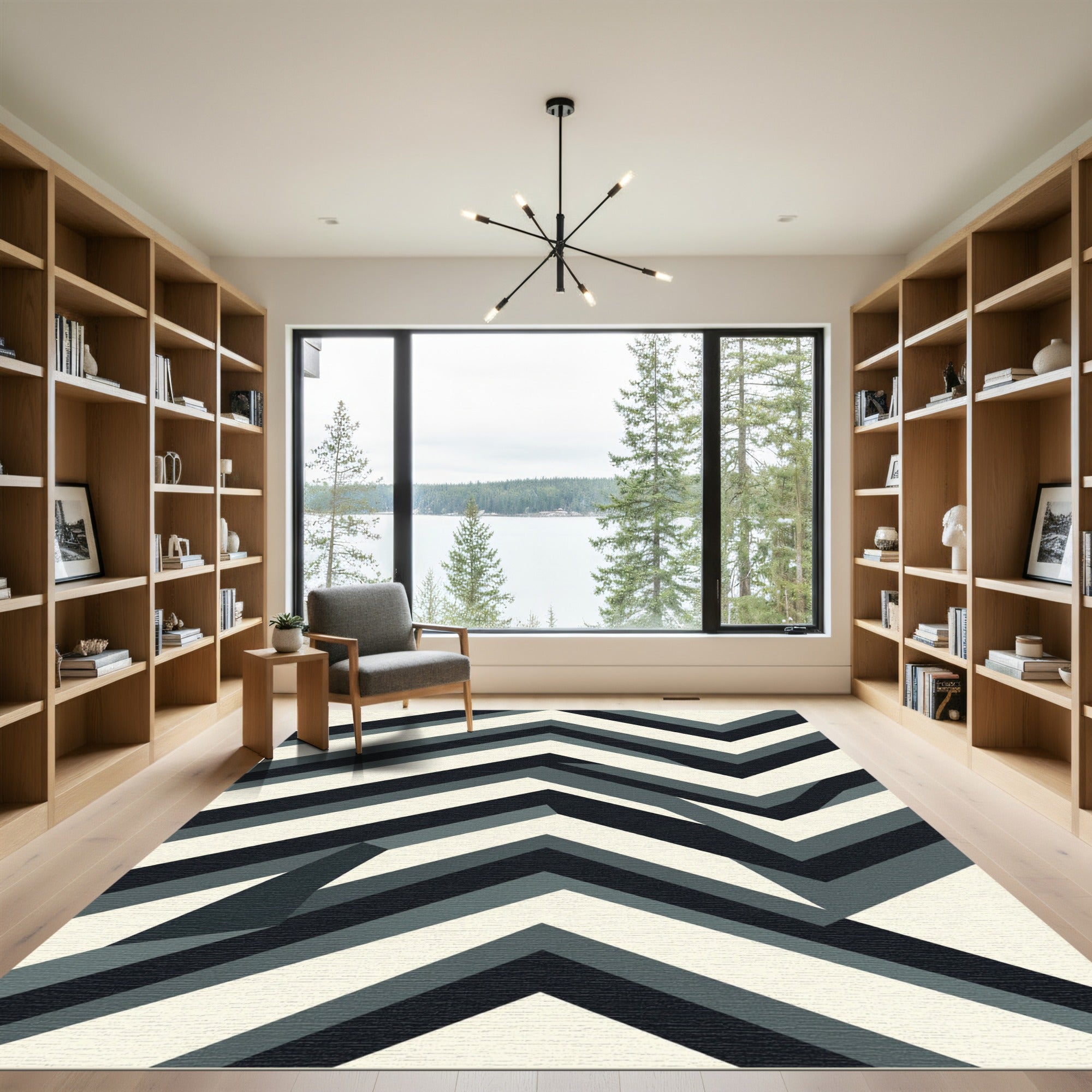 Modern Black Gray Chevron Composition Rug
