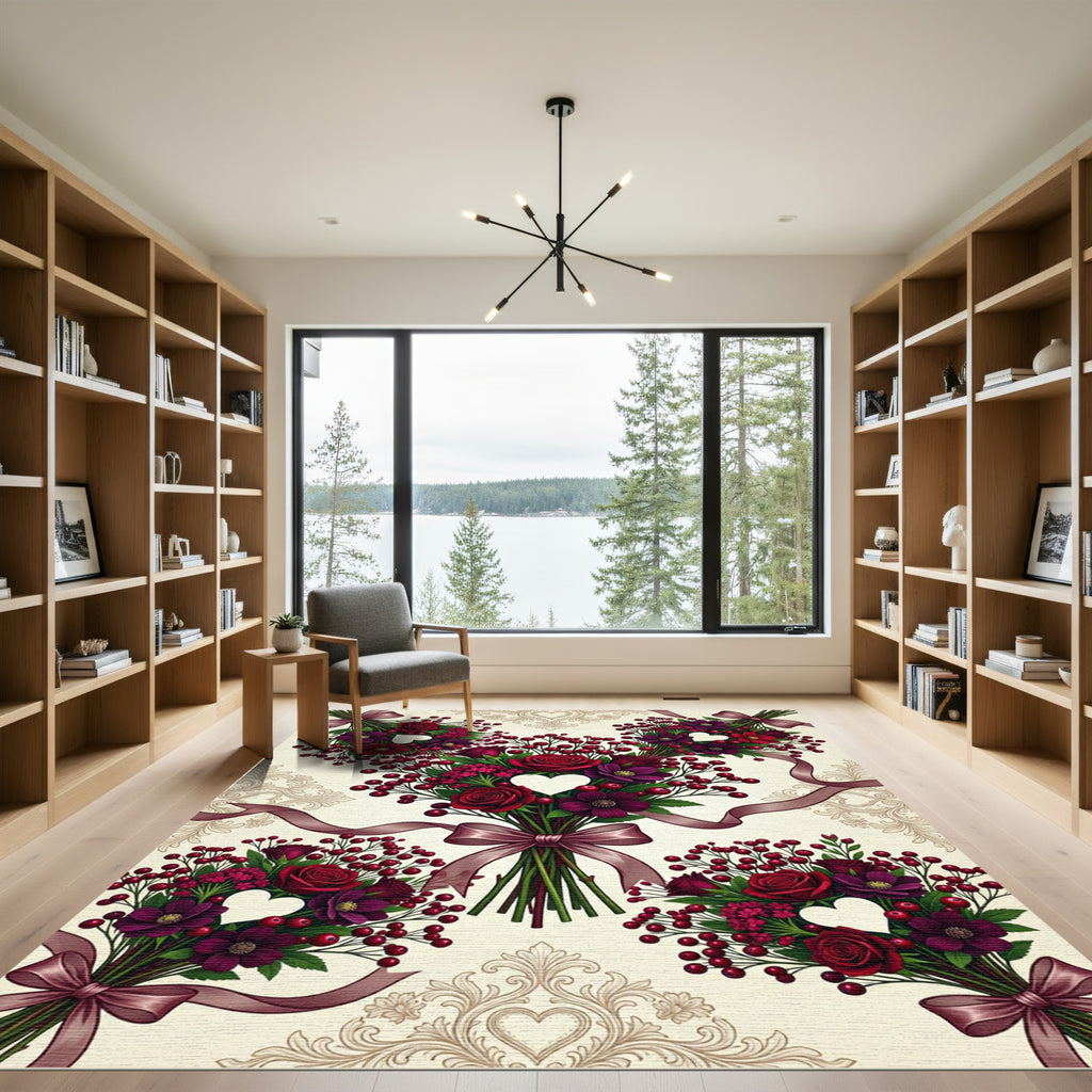 Deep Red Floral Heart Ribbon Bundles Rug
