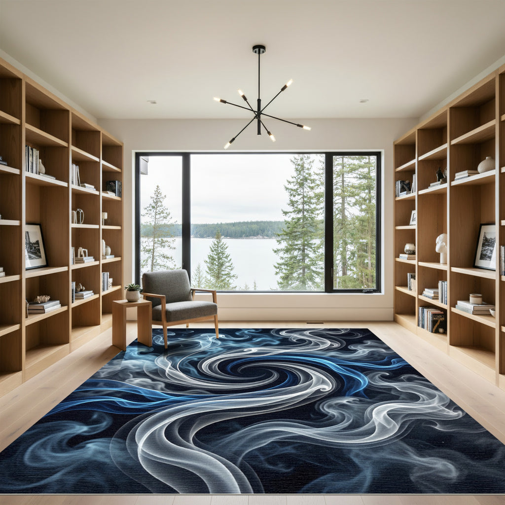 Swirling Blue White Smoke Abstraction Rug