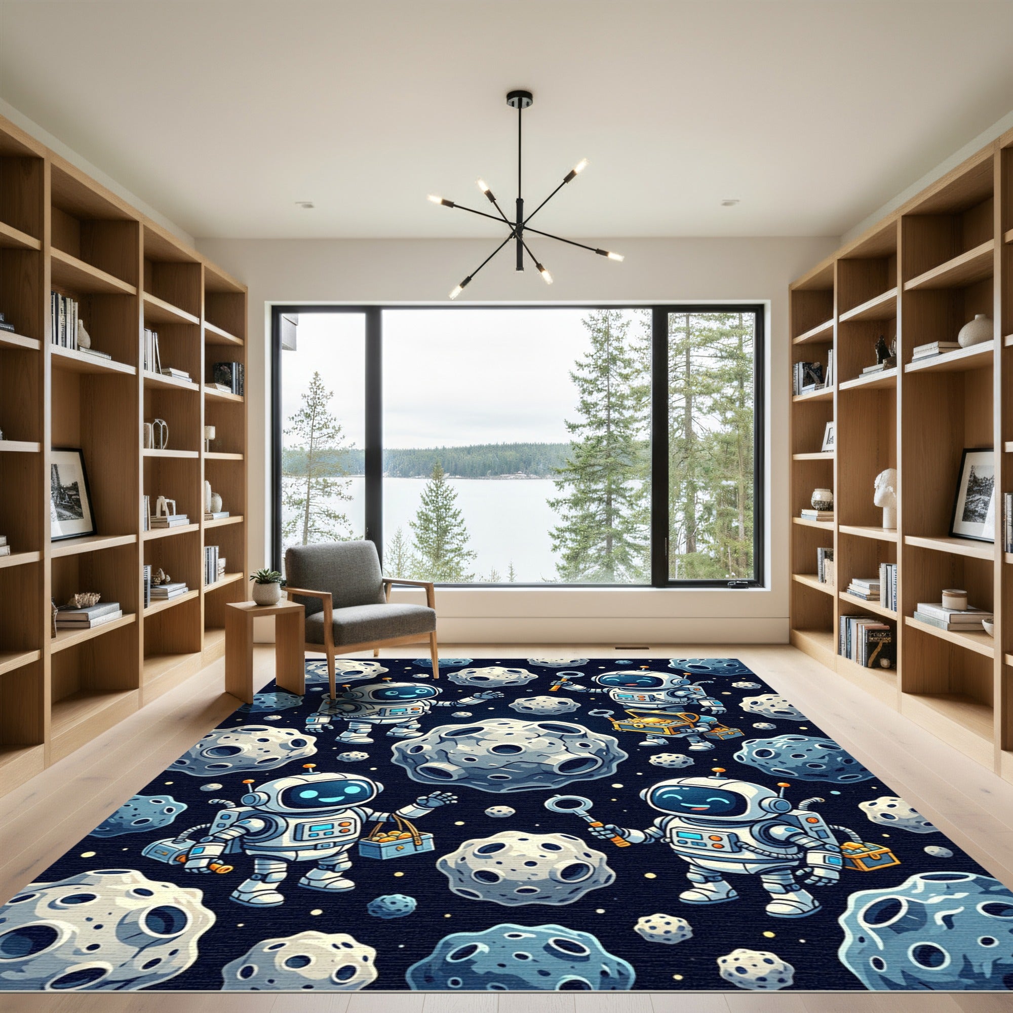Whimsical Blue Robot Astronaut Space Exploration Rug