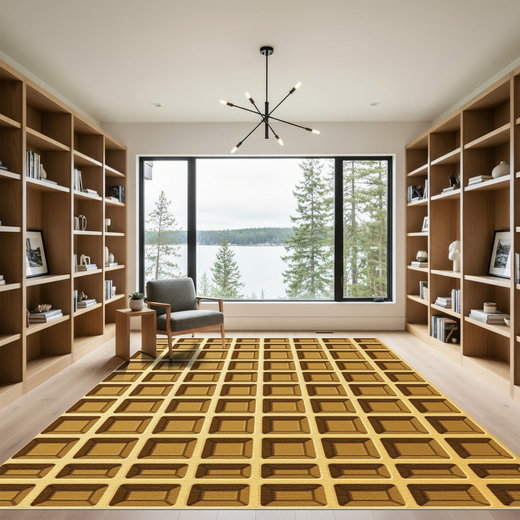 Golden Grid Geometric Waffle Texture Rug