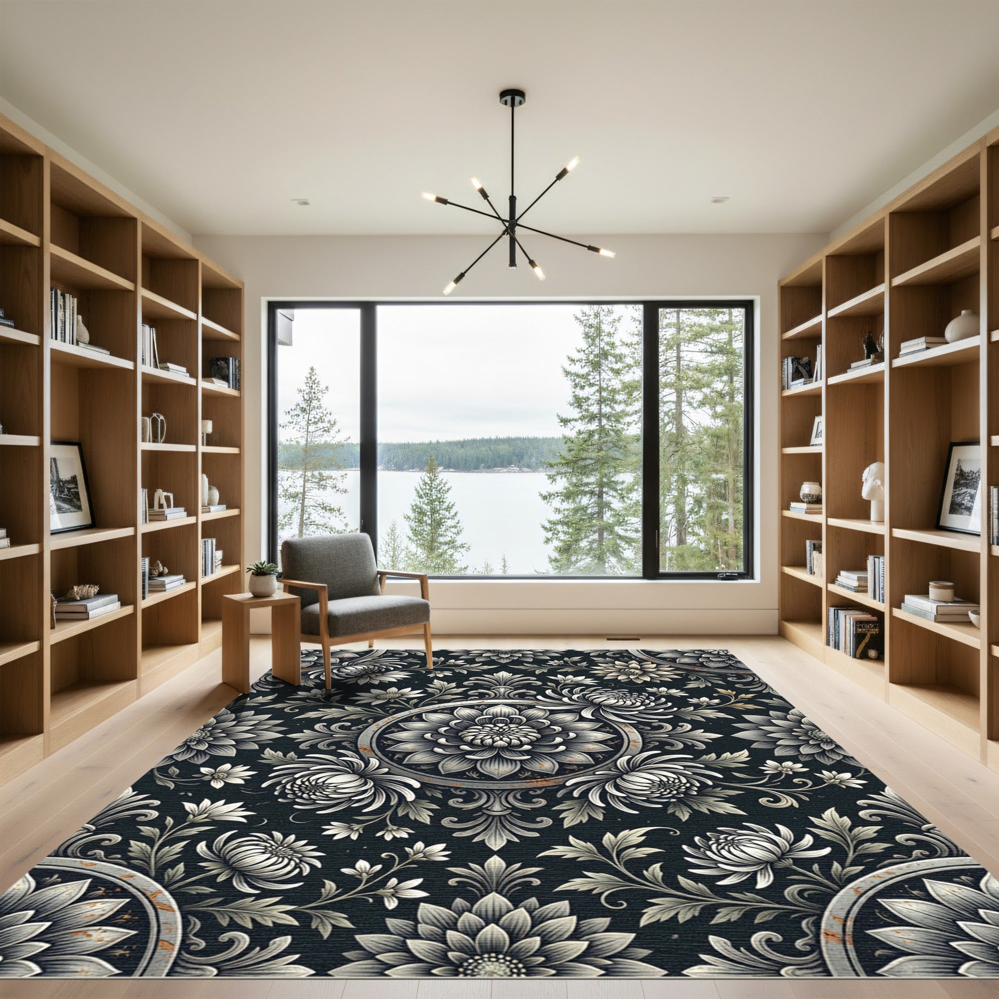 Monochromatic Floral Medallion Baroque Botanical Rug
