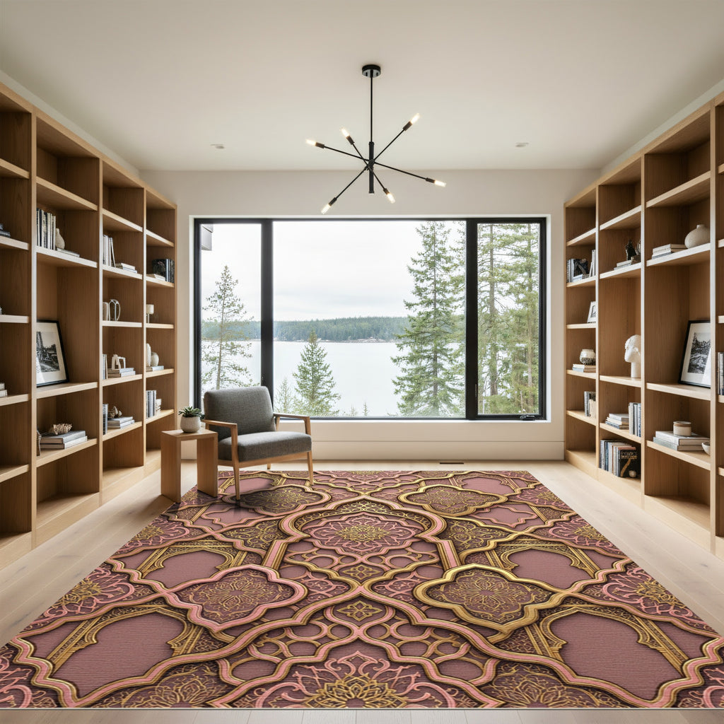 Elegant Gold Rose Ornate Lattice Rug