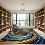 Golden And Navy Abstract Spiral Swirl Rug