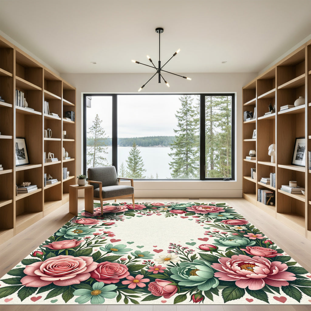 Pink Coral Green Floral Heart Border Rug