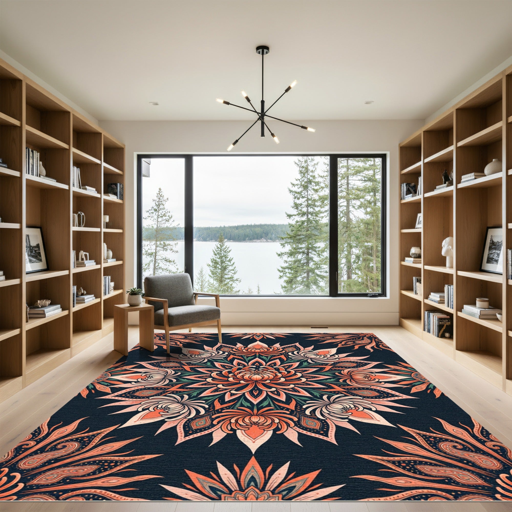 Coral Chrysanthemum Floral Mandala Art Rug