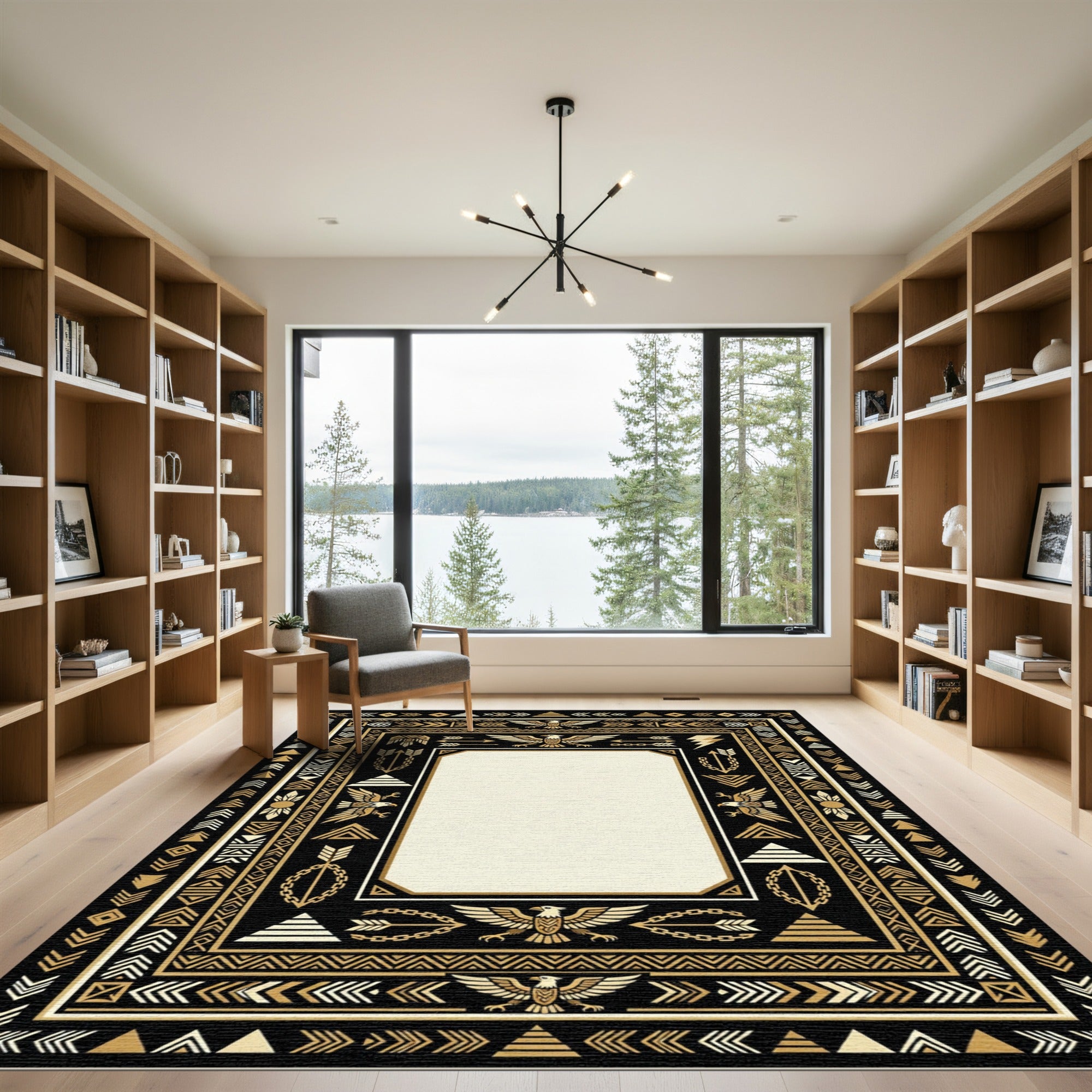 Black Gold Eagle Tribal Border Rug