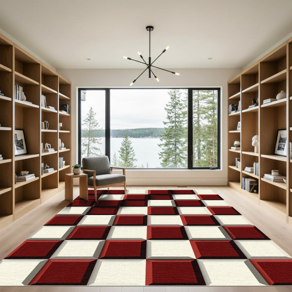 Bold Crimson and Cream Checkered Cube Rug