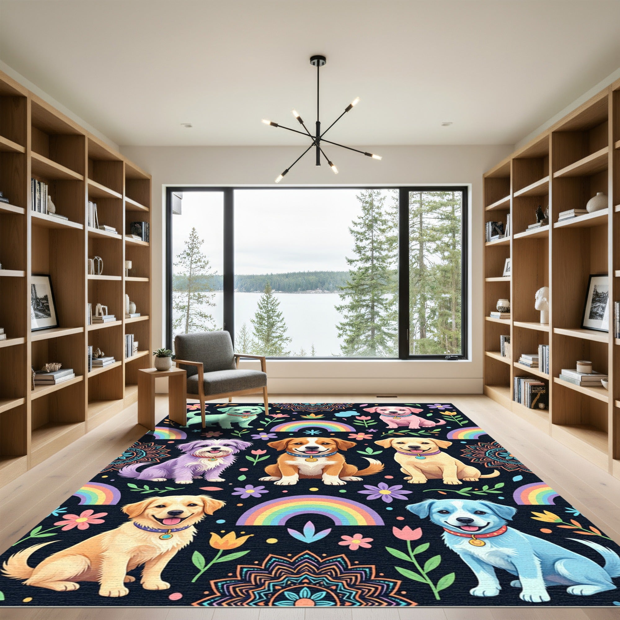 Playful Rainbow Puppy and Flower Medallion Rug