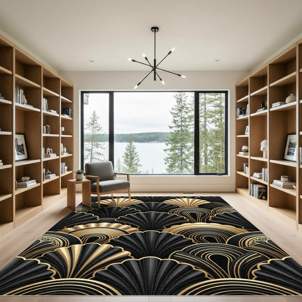 Elegant Gold and Black Art Deco Fan Rug