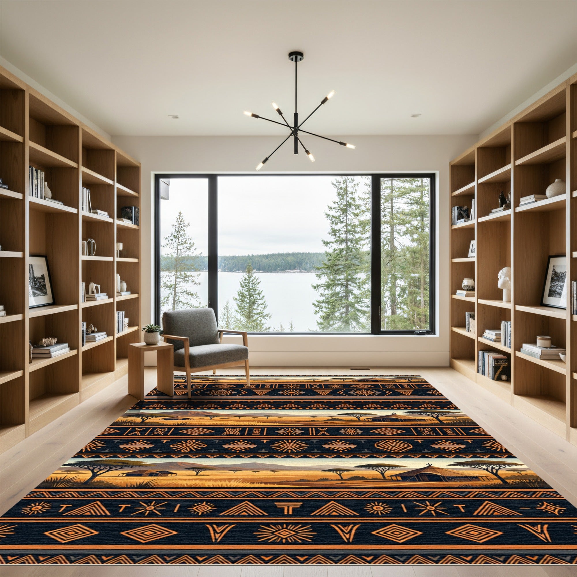Earthy Orange African Landscape Geometric Tribal Rug