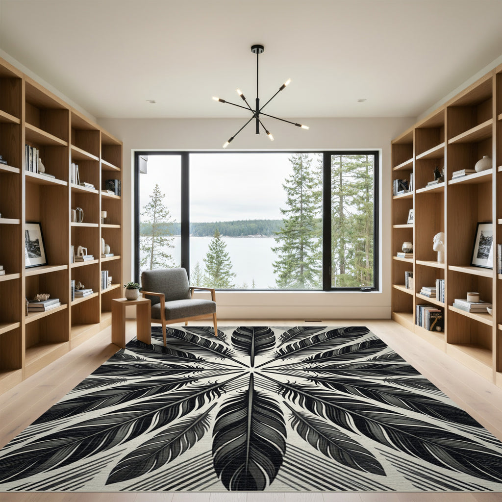 Monochrome Feather Radial Mandala Rug