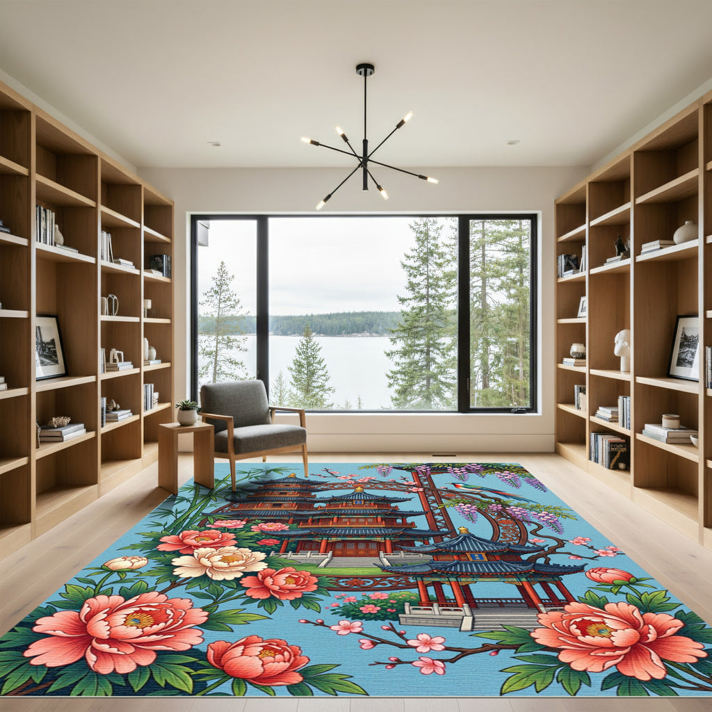 Pagoda Garden Floral Silk Blue Area Rug