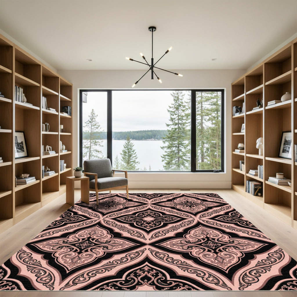 Sophisticated Black and Blush Damask Rug