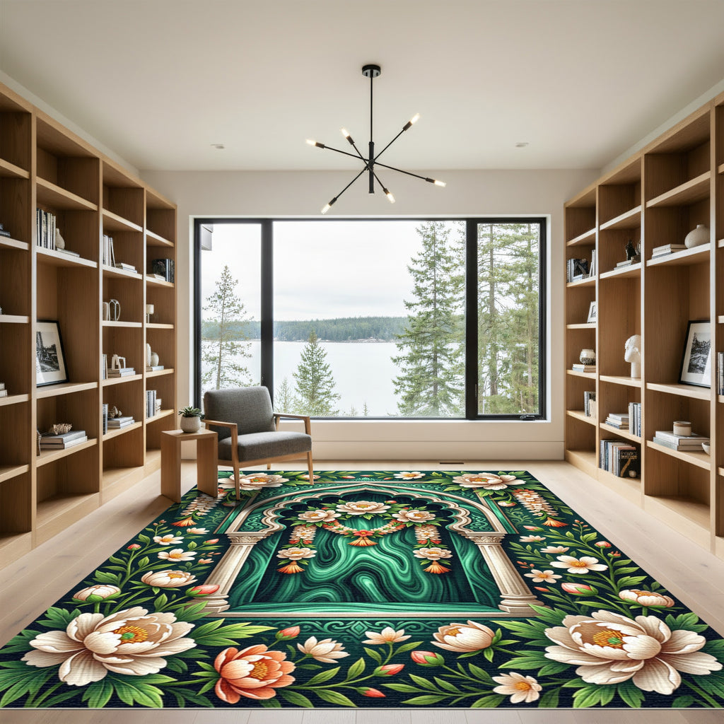 Emerald Peony Floral Arch Garden Rug