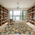 Golden Blue White Floral Garland Rug