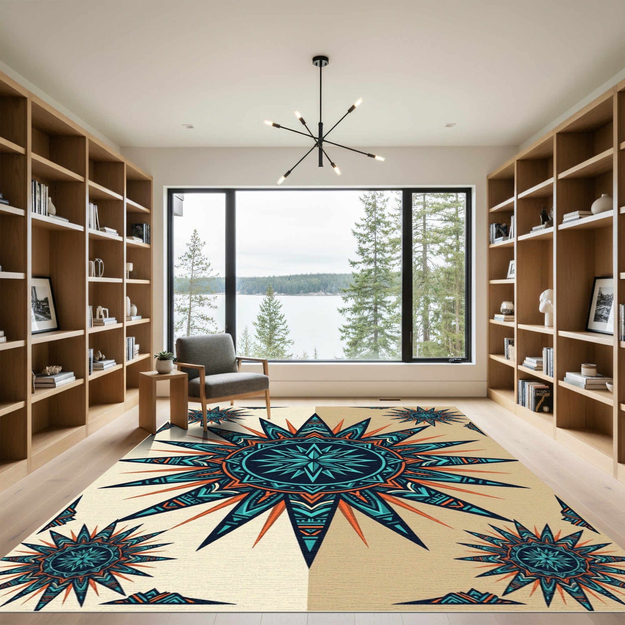 Sunburst Turquoise Orange Geometric Medallion Rug