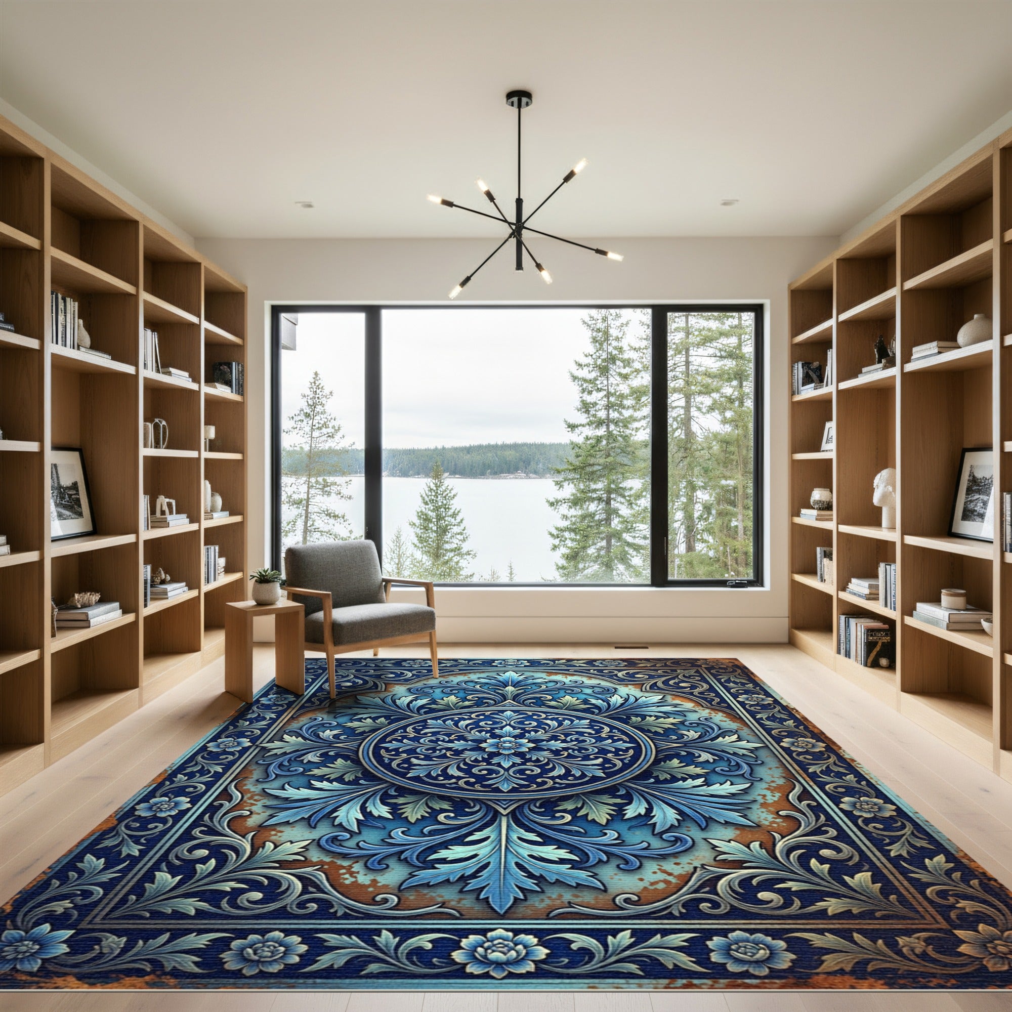 Ornate Azure Floral Circular Medallion Rug