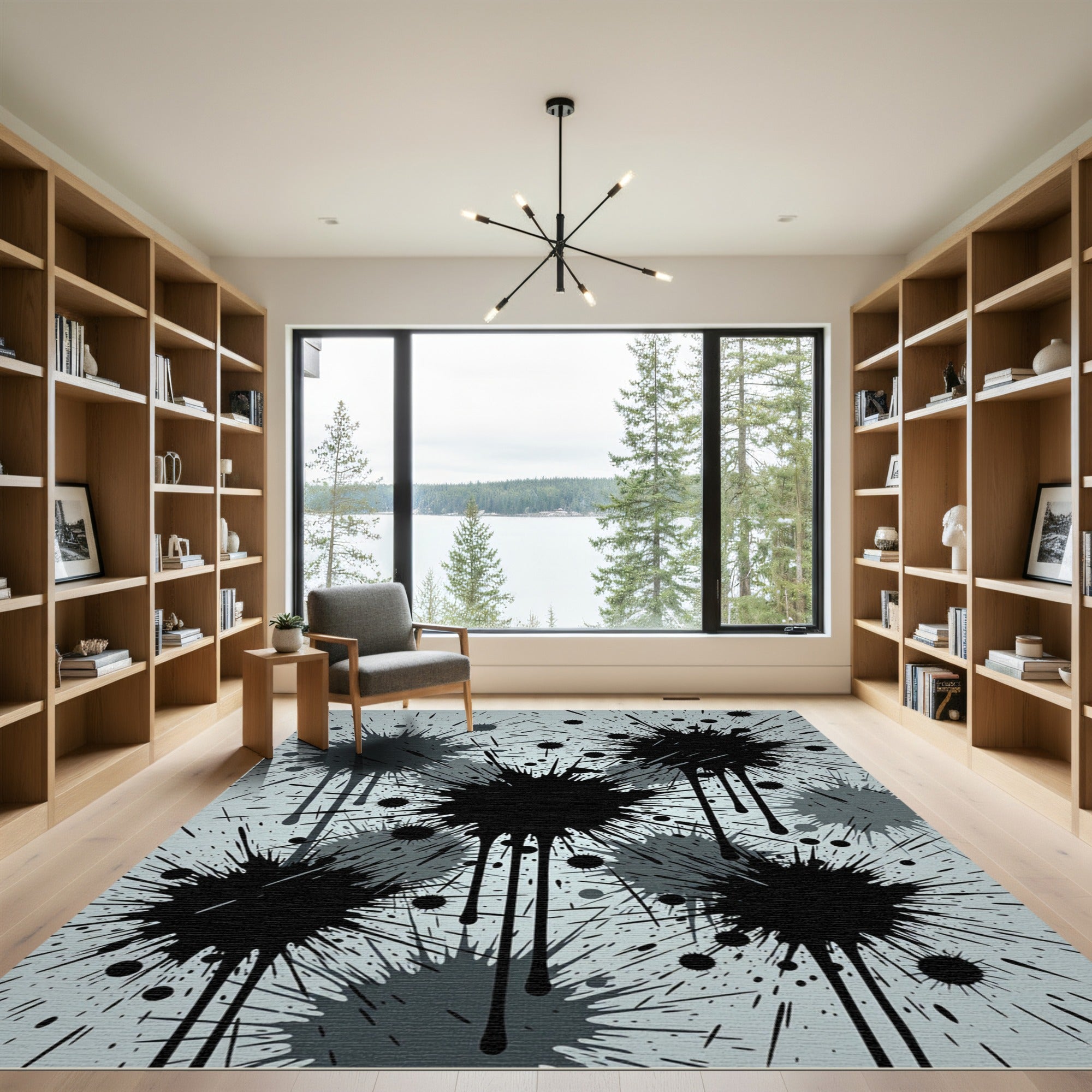 Monochromatic Abstract Black Ink Splatter Rug