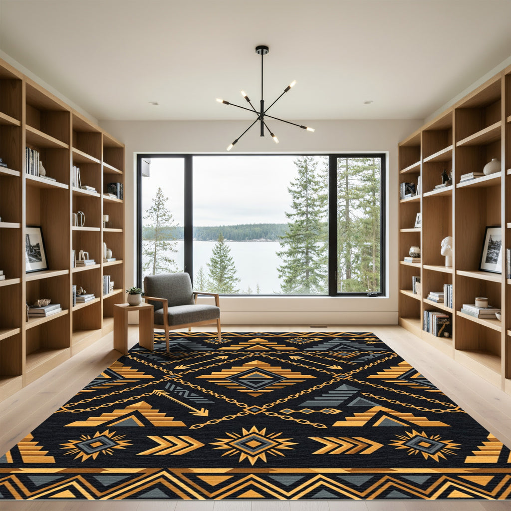 Gold and Gray Tribal Stair Geometric Rug