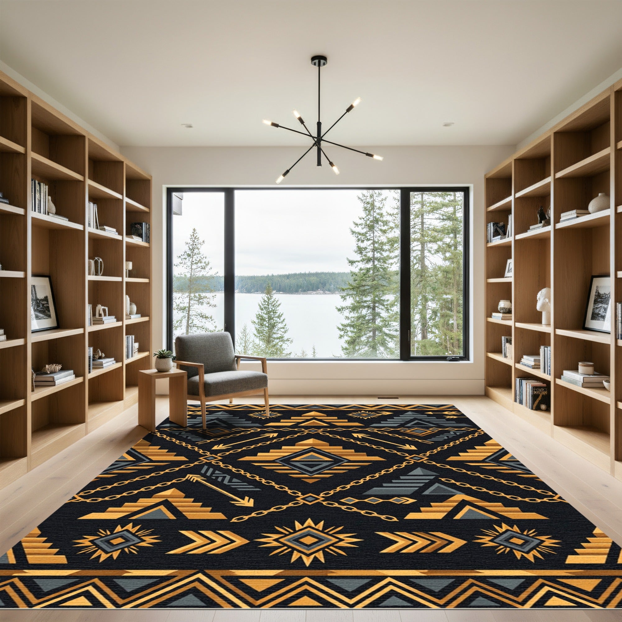 Gold and Gray Tribal Stair Geometric Rug