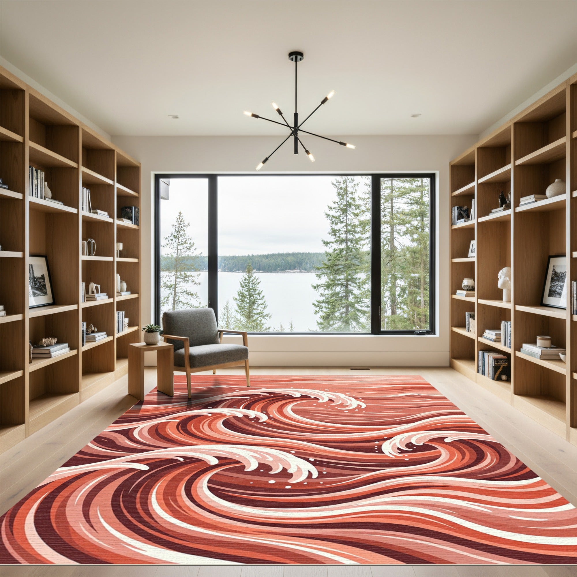 Crimson Coral Abstract Ocean Waves Rug