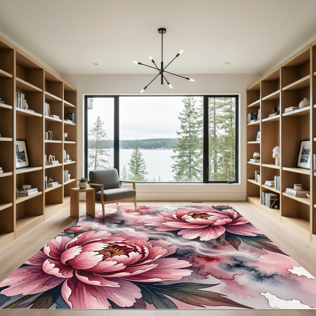 Pink Peony Watercolor Floral Swirl Rug