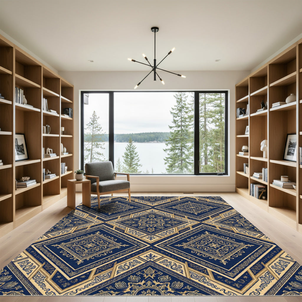 Royal Blue Golden Filigree Diamond Damask Rug