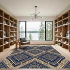 Royal Blue Golden Filigree Diamond Damask Rug
