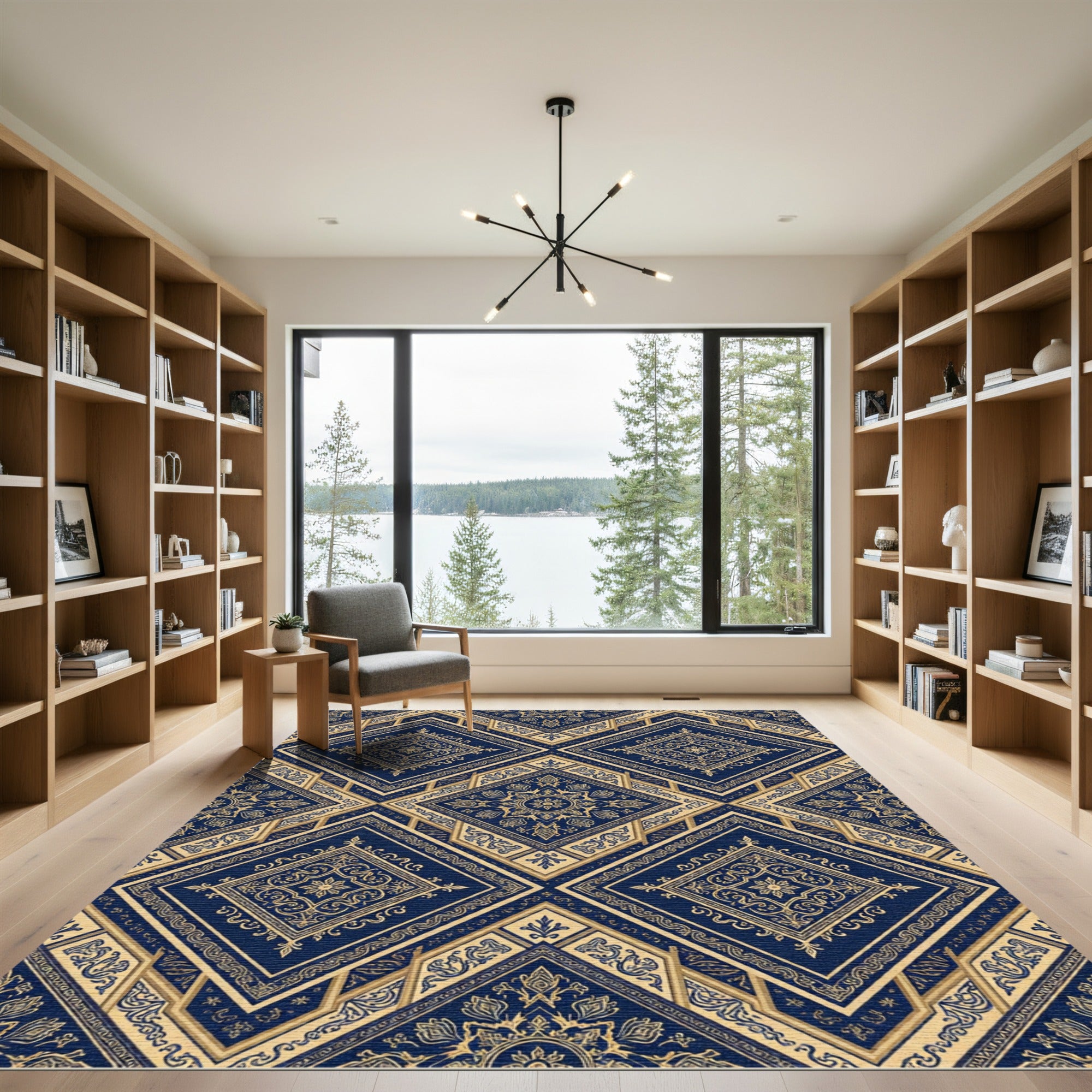Royal Blue Golden Filigree Diamond Damask Rug