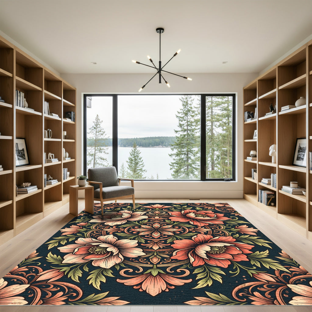 Earthy Coral Floral Medallion Composition Rug