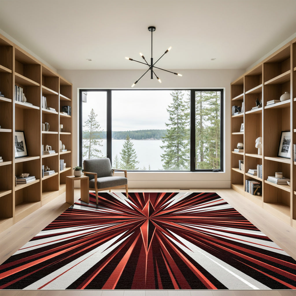 Crimson Starburst Radial Stripes Rug