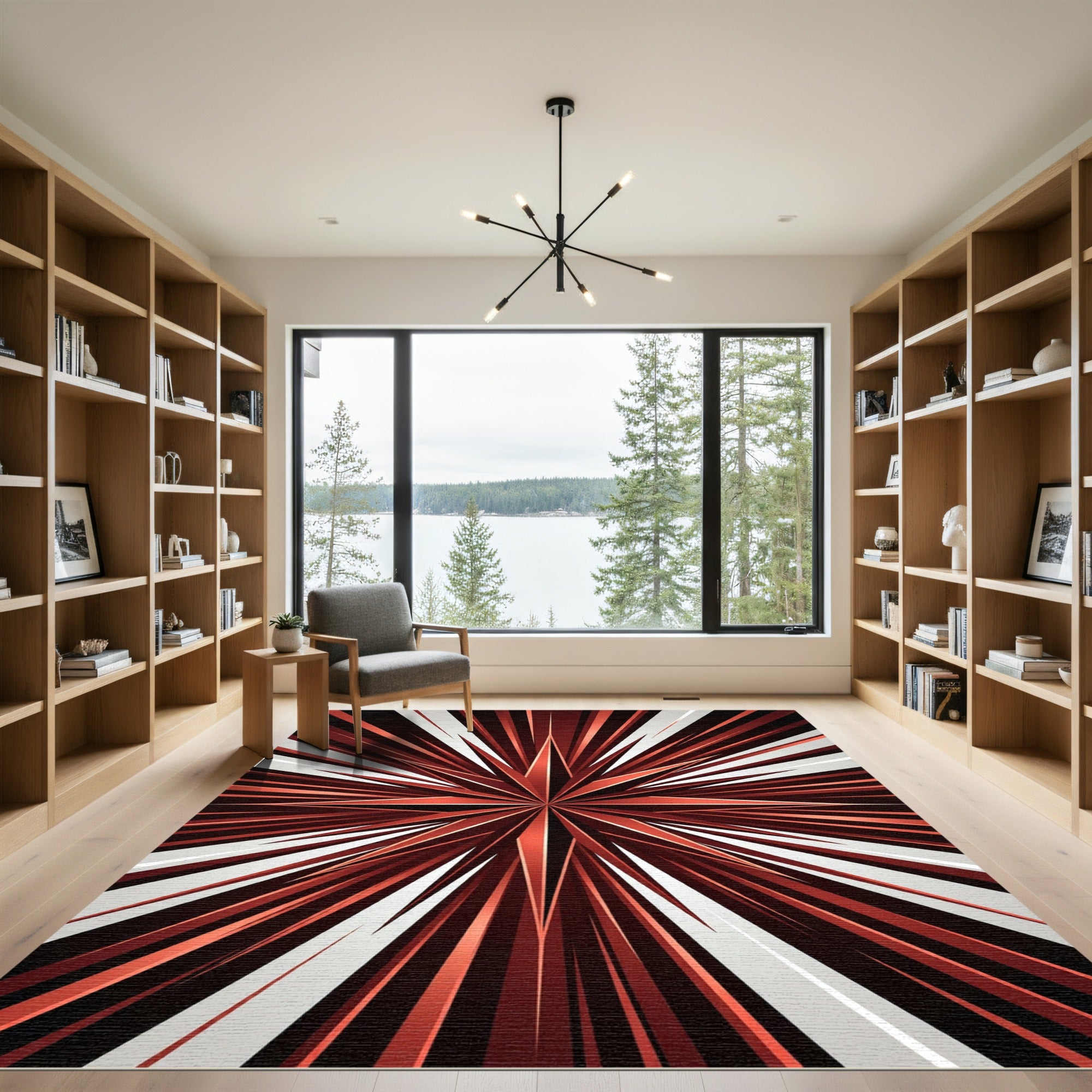 Crimson Starburst Radial Stripes Rug