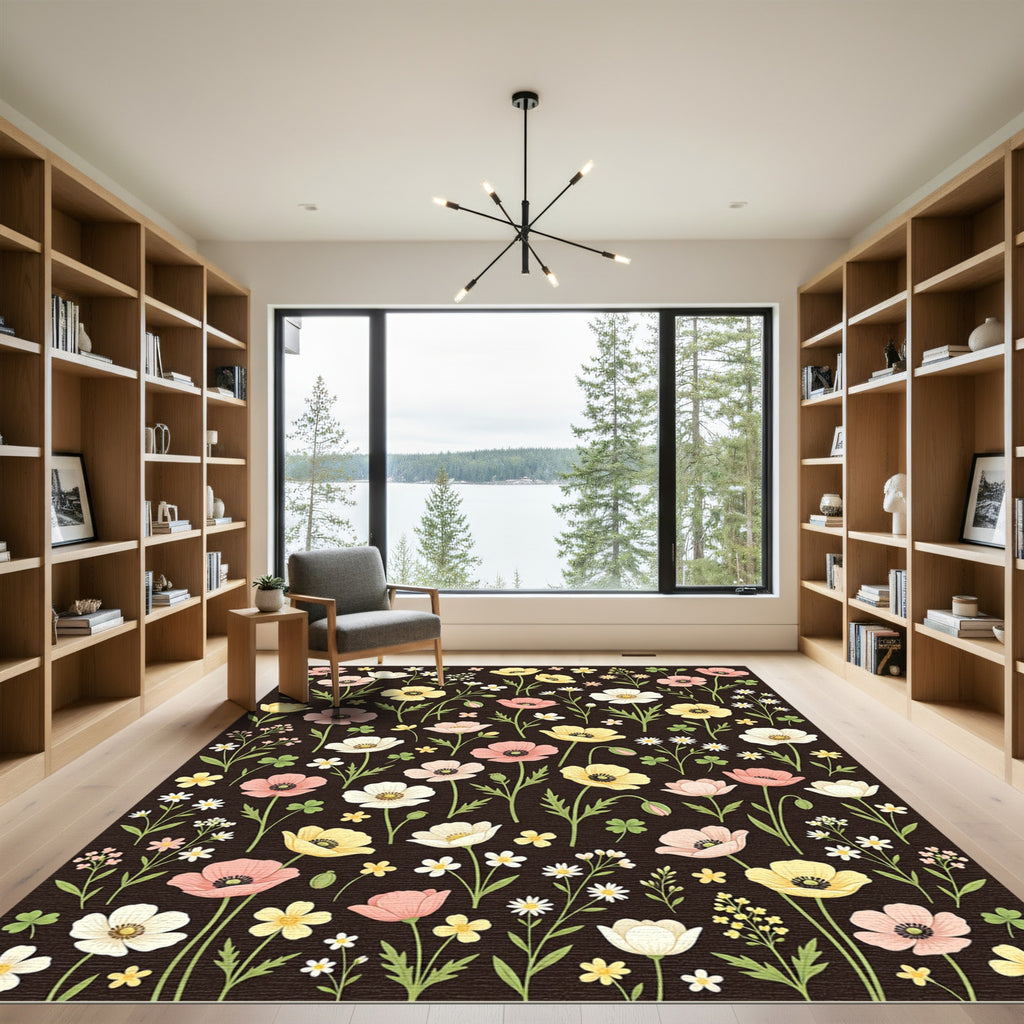 Pink Yellow White Floral Field Meadow Rug