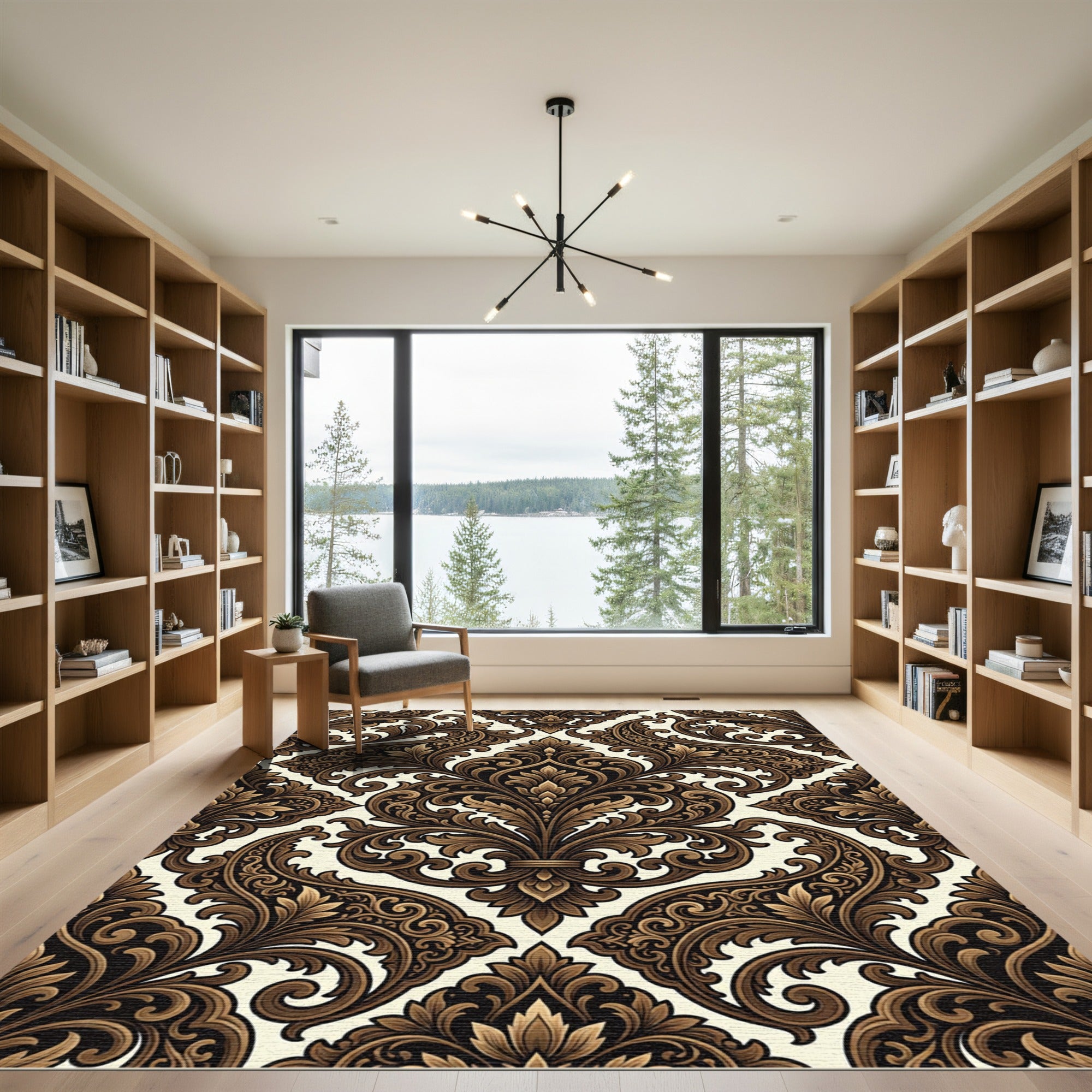 Rich Brown Baroque Floral Scroll Rug