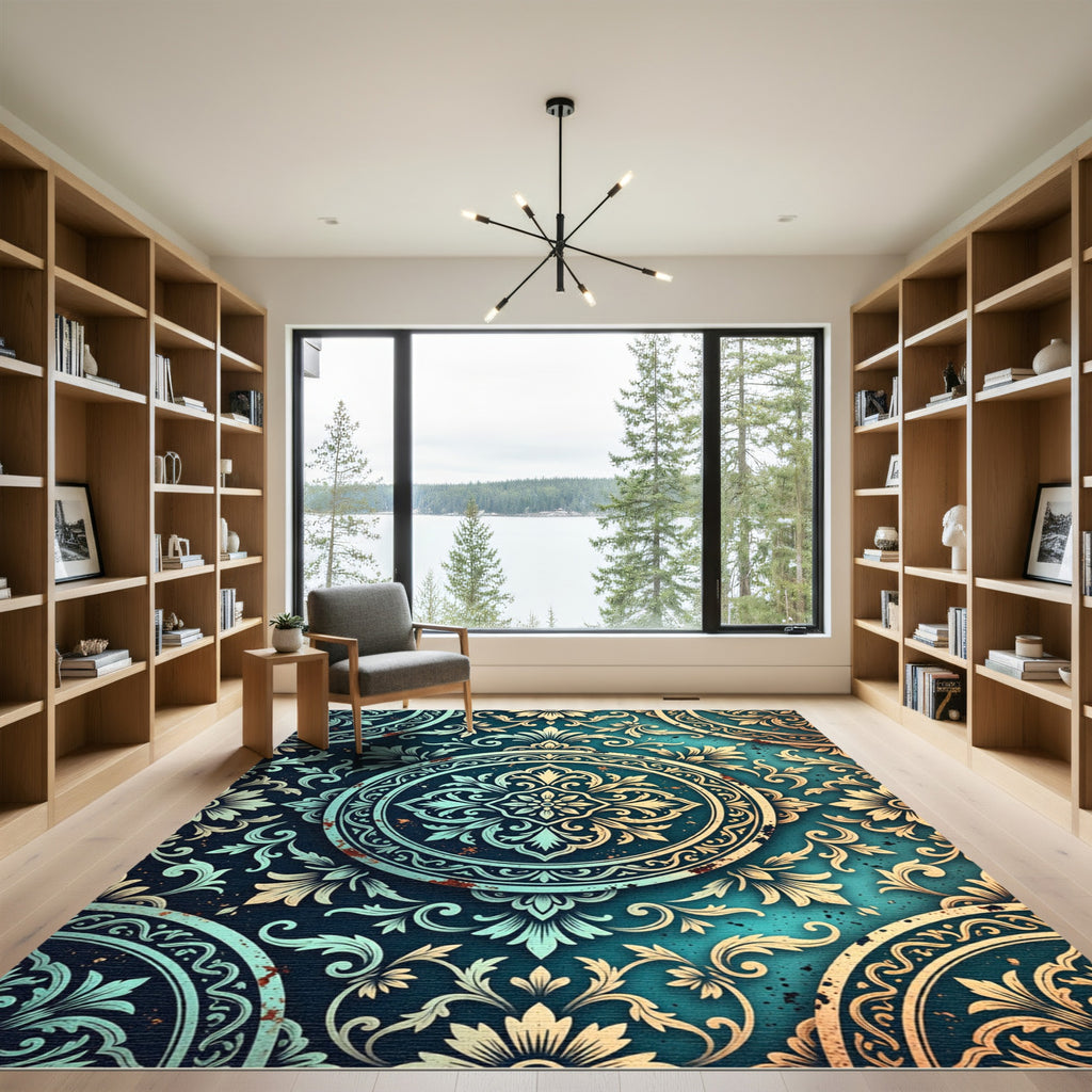 Aqua Teal Floral Medallion Relief Rug