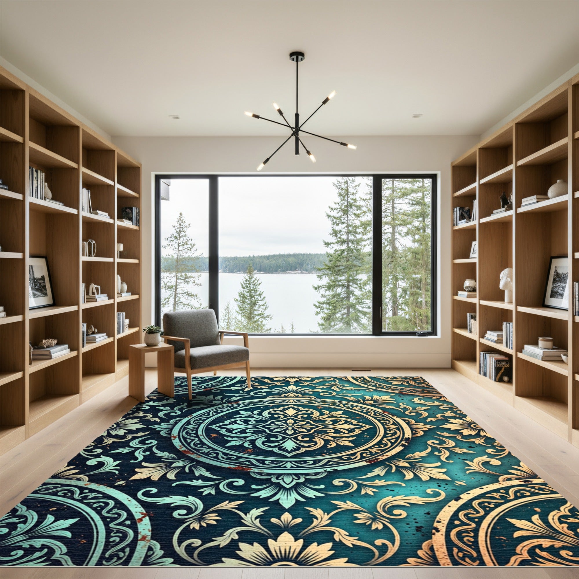 Aqua Teal Floral Medallion Relief Rug