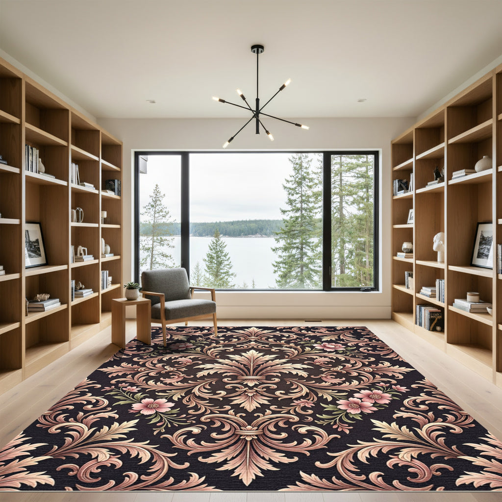 Elegant Blush Rose Damask Floral Filigree Rug