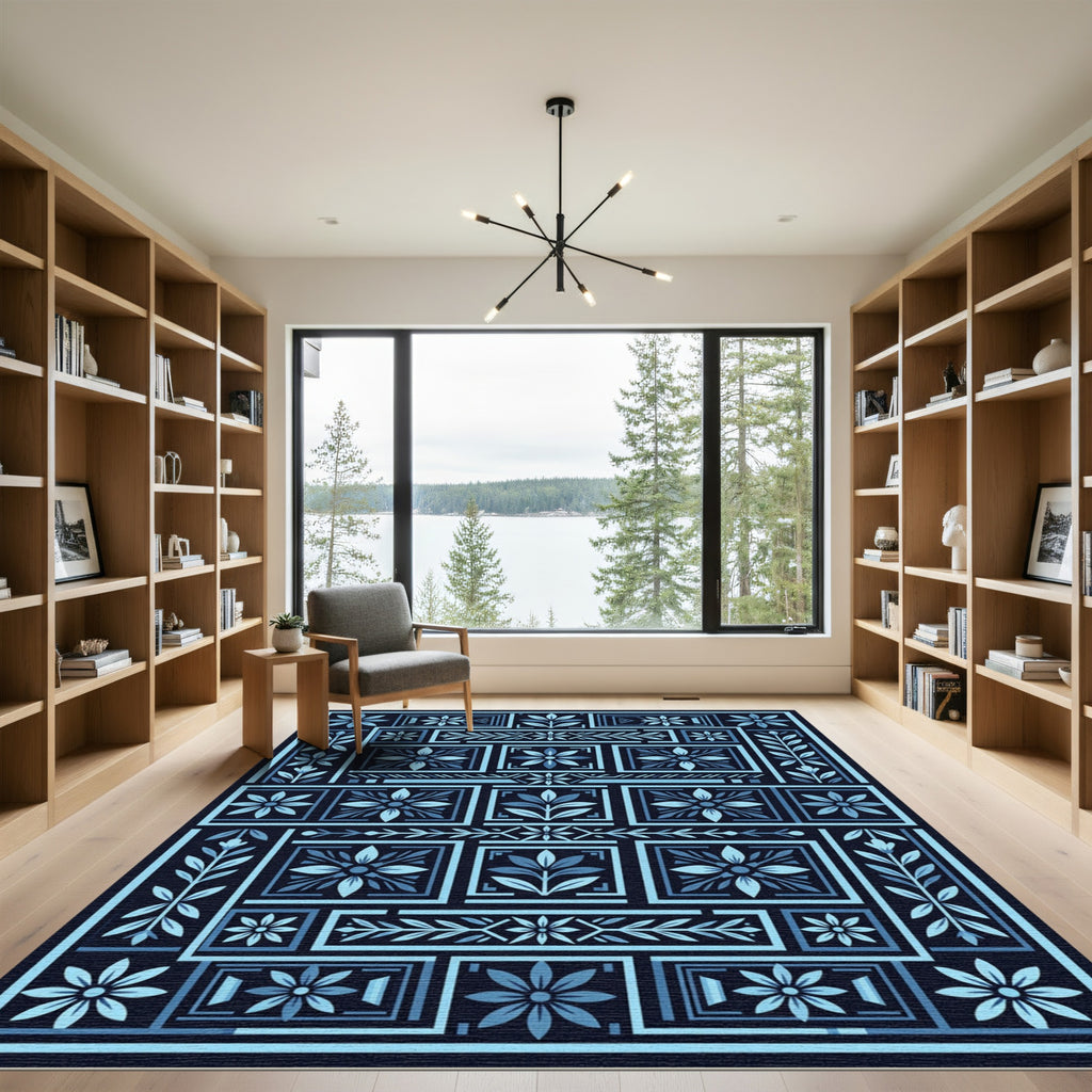 Navy Blue Floral Botanical Composition Rug