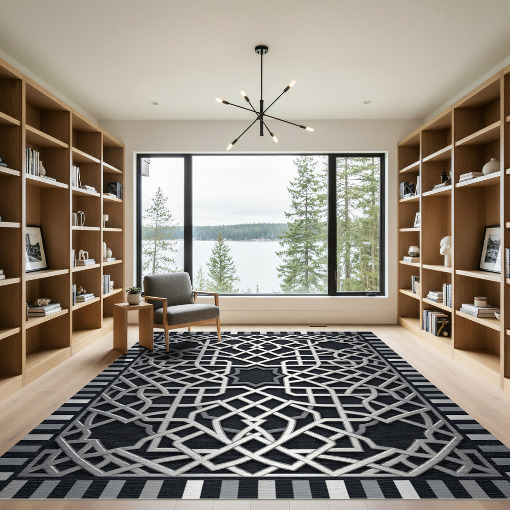Silver Metallic Geometric Interlaced Lattice Rug