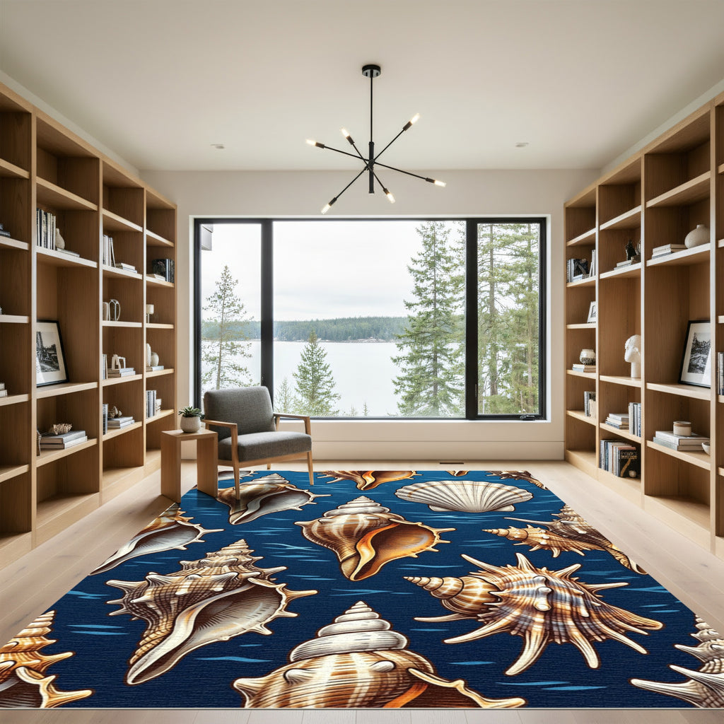 Deep Blue Seashell Nautical Illustration Rug