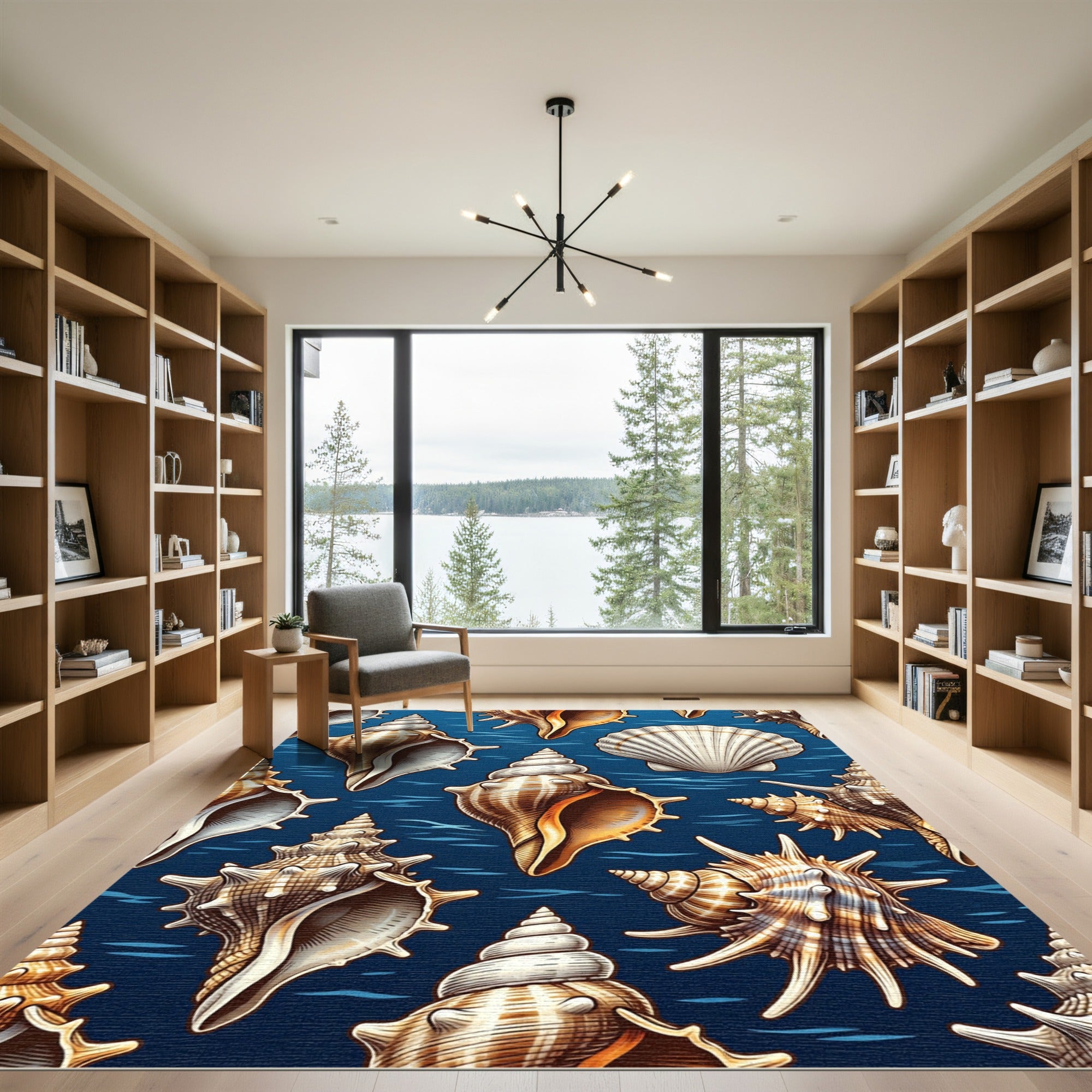 Deep Blue Seashell Nautical Illustration Rug