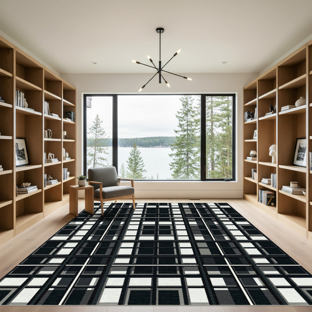 Monochrome Grid Crossing Cubes Rug