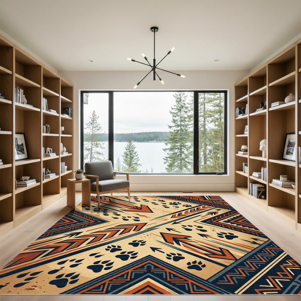 Earthy Geometric Arrow and Paw Rug