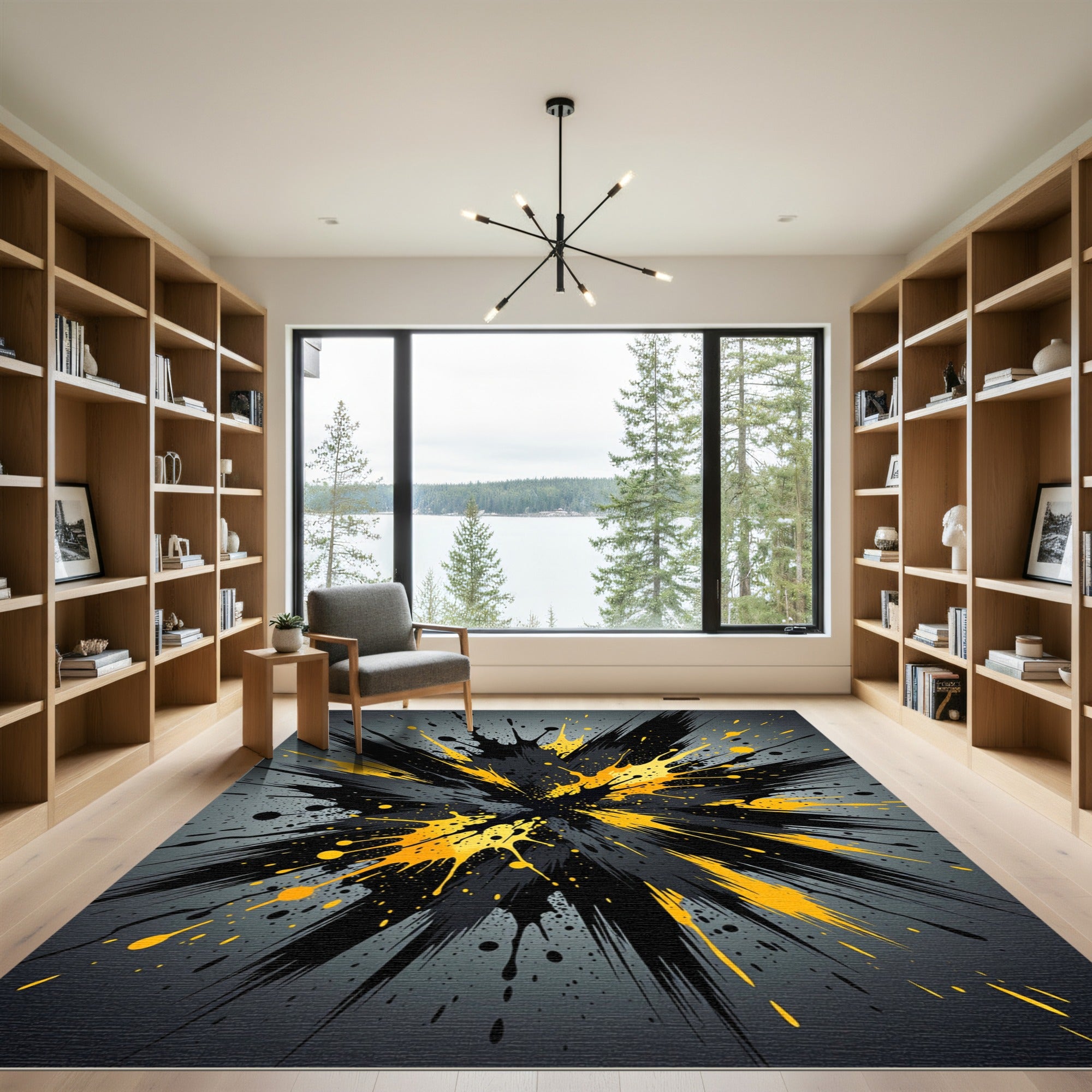 Dynamic Black and Yellow Abstract Burst Rug