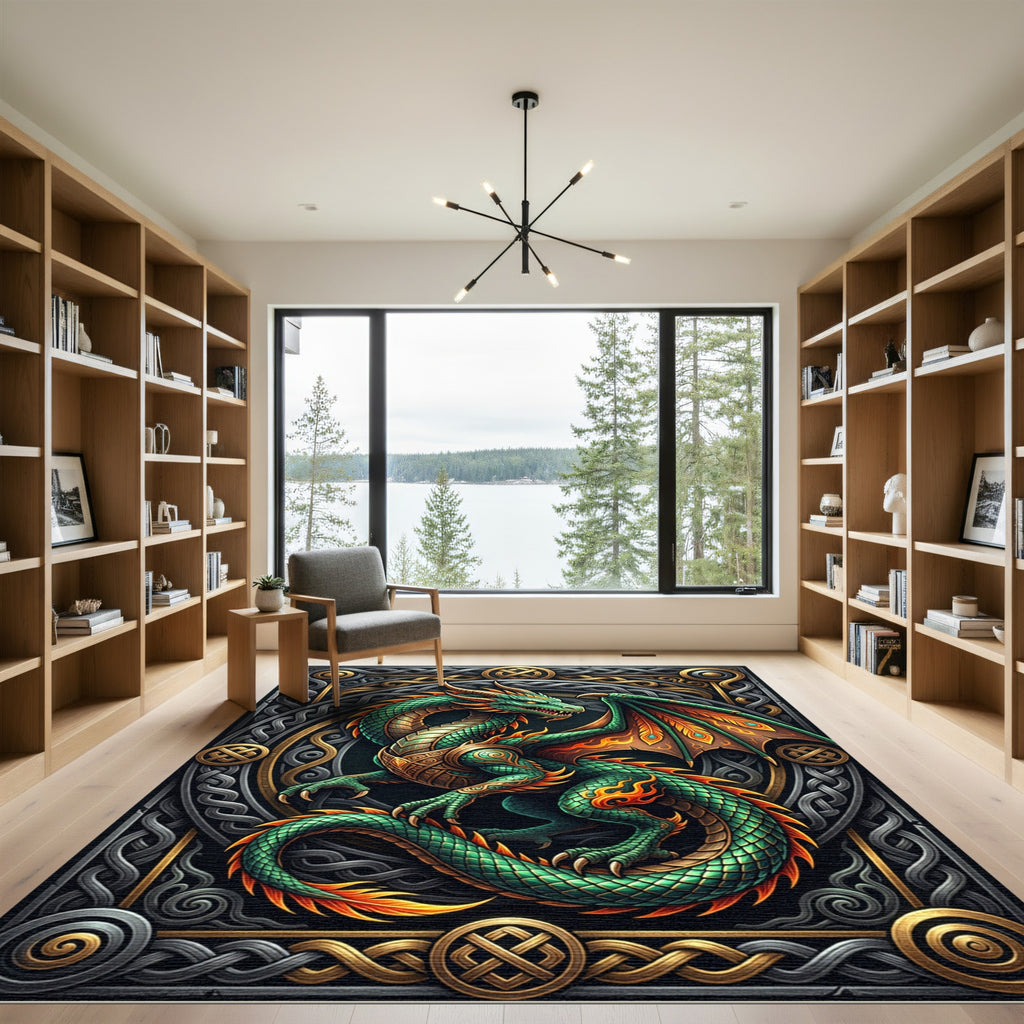 Intricate Emerald Dragon Celtic Knotwork Art Rug