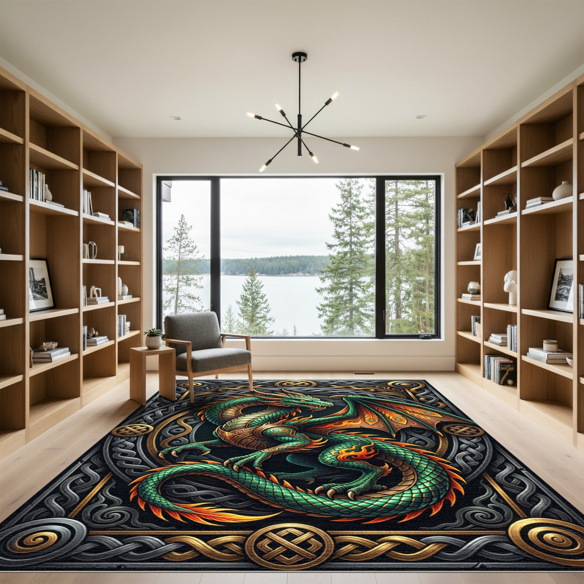 Intricate Emerald Dragon Celtic Knotwork Art Rug