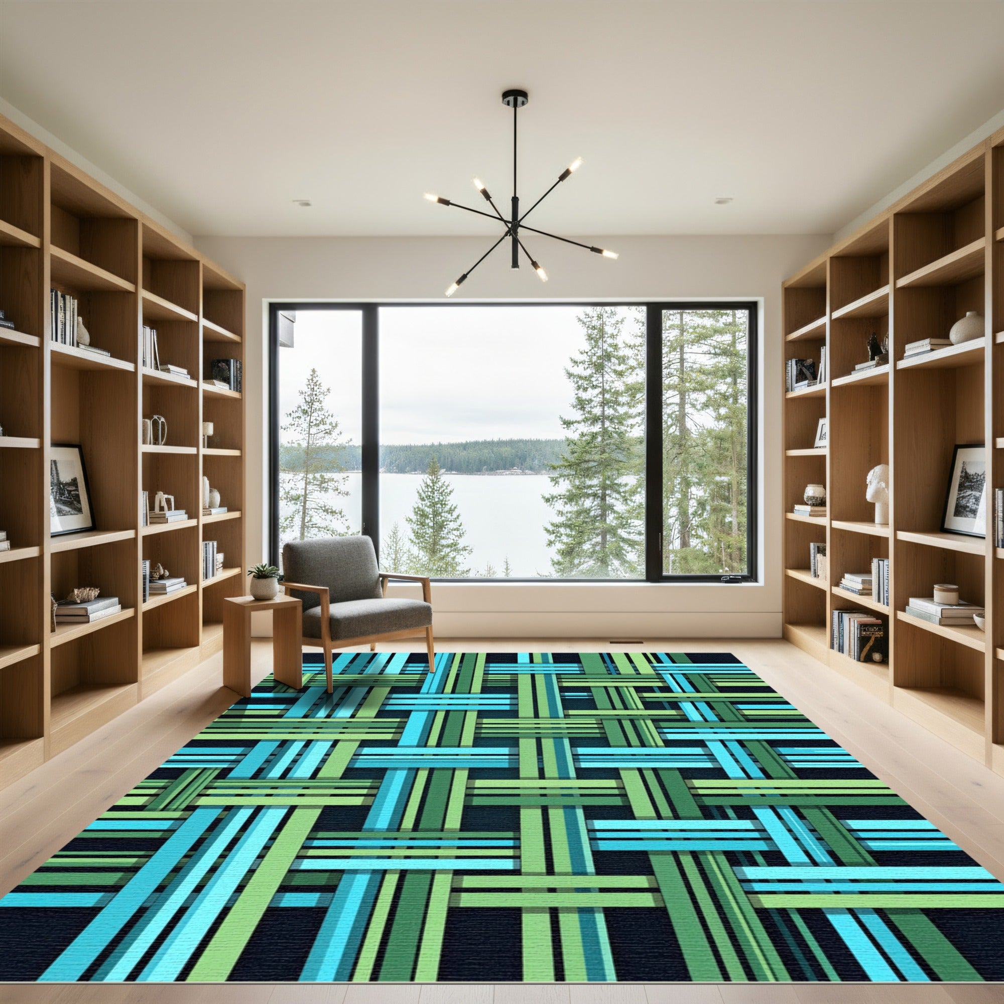 Woven Blue and Green Linear Grid Rug