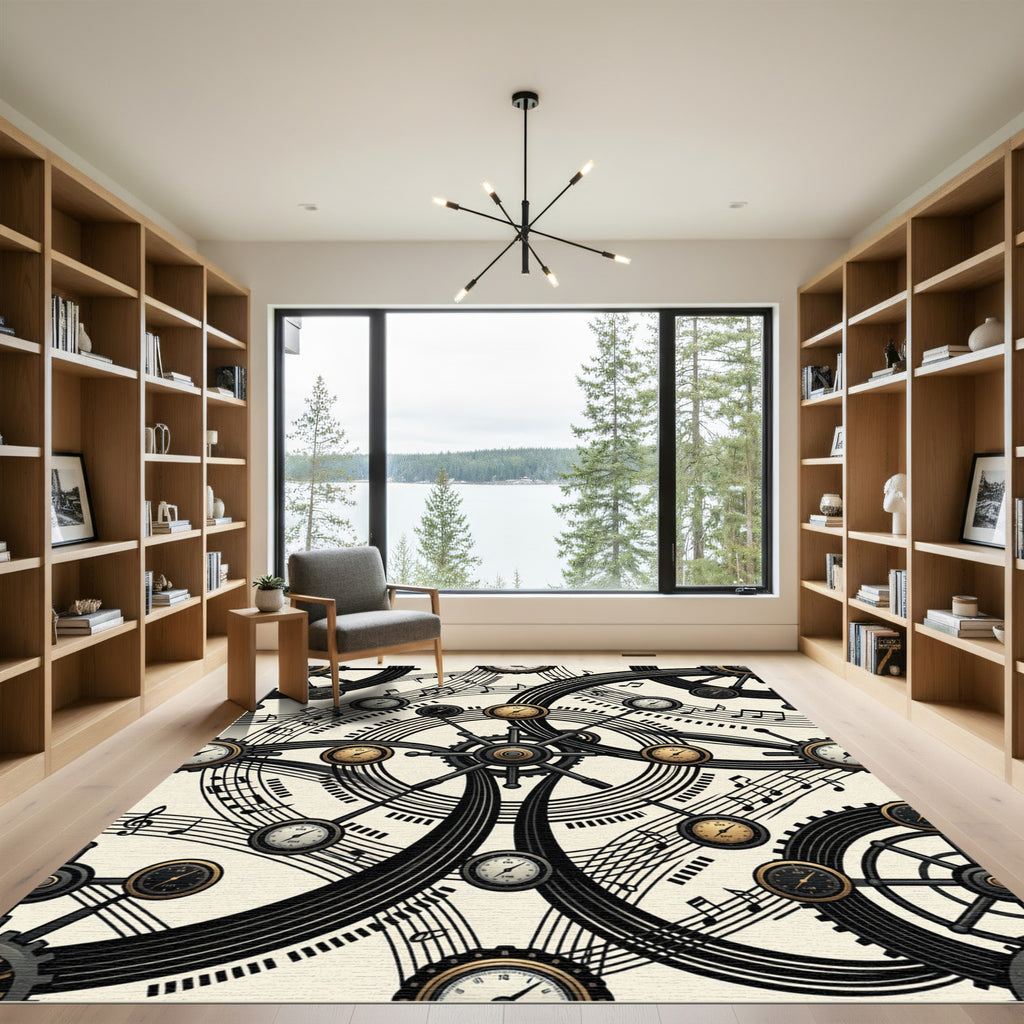 Steampunk Clockwork Musical Notes Metallic Accent Rug